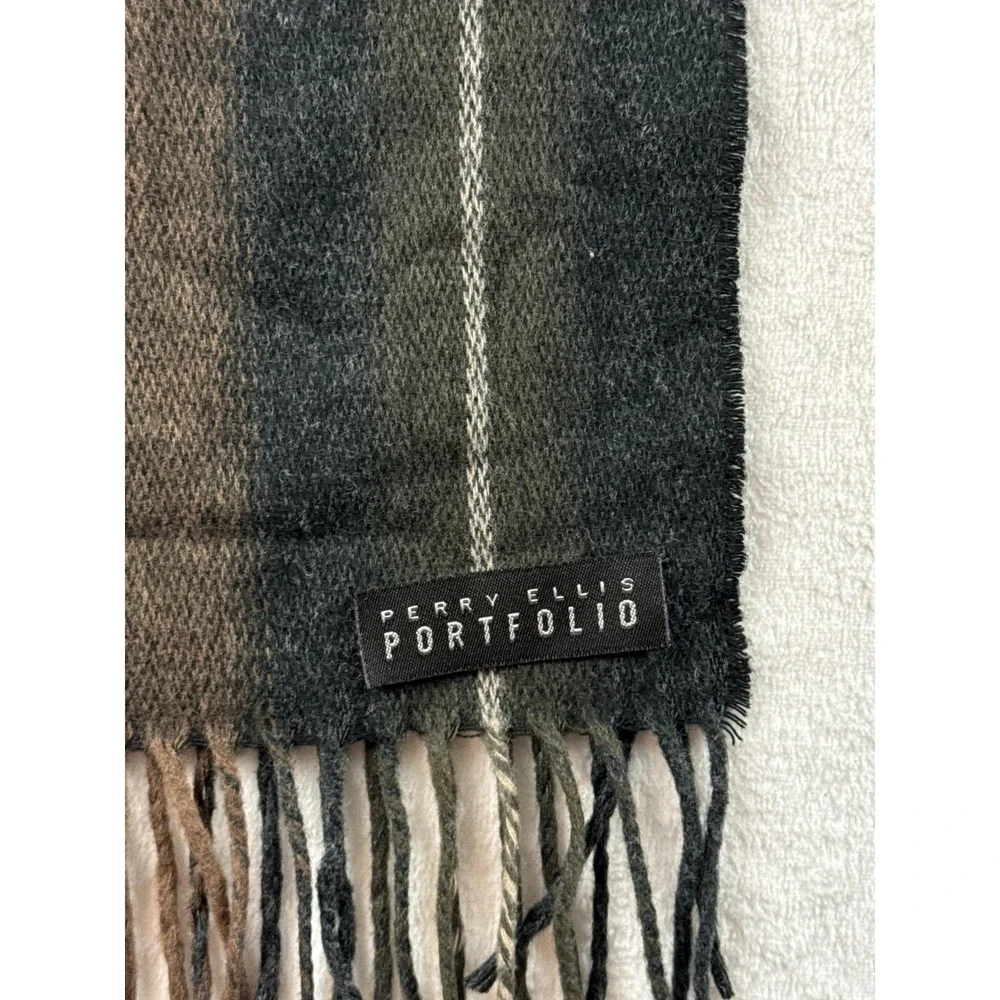 Perry Ellis Portfolio Scarf Mens One Size Brown Striped Fringe Winter Warm
